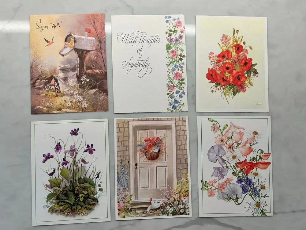 Set of 6 Vintage Floral & Cottage Note Cards, No Envelopes
